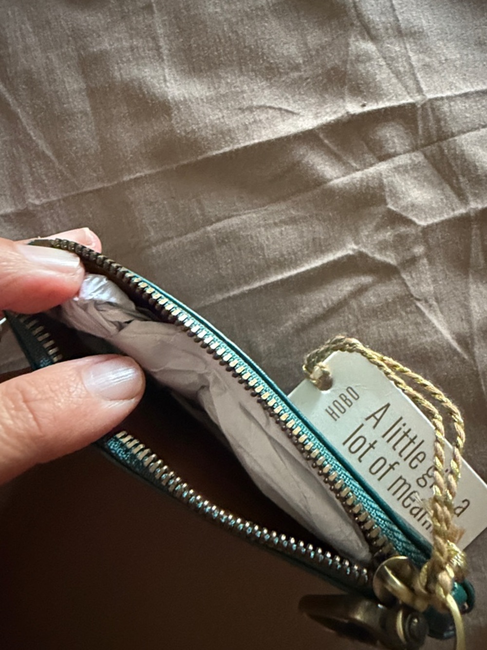 HOBO Teal Leather 'luck' Zip Pouch with Gold Script - Picture 4 of 5